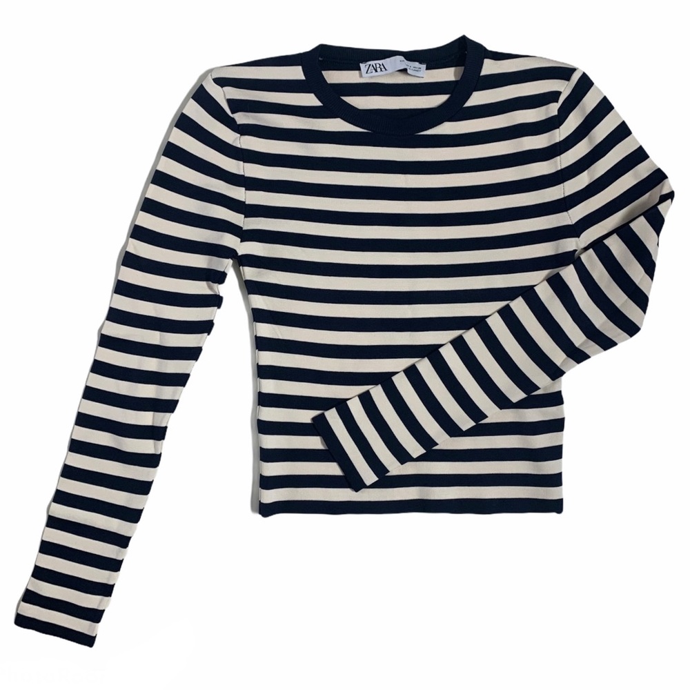 Zara navy and cream white striped king sleeve top